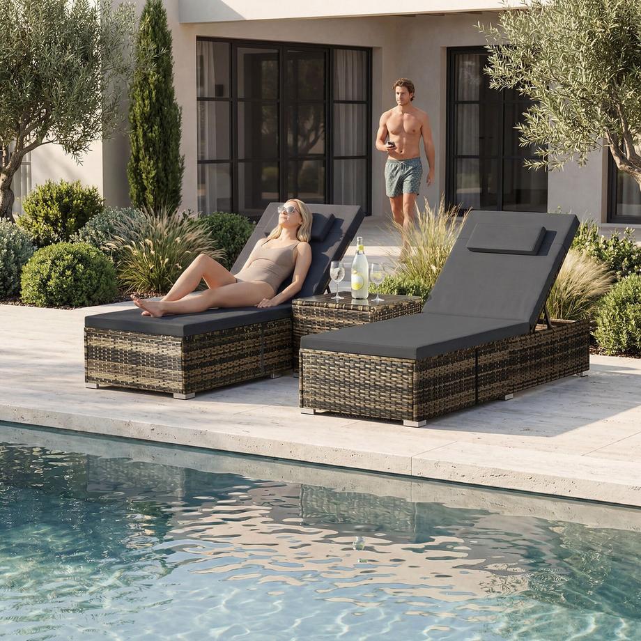 Tectake Lettino doppio in rattan Carbonera Lettino prendisole resistente alle intemperie e ai raggi UV  