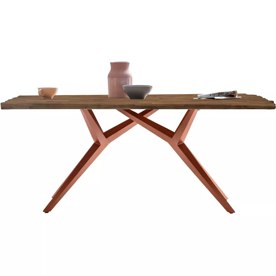 SIT Esstisch "Leiria aus Teak mit 50-mm-Platte & extravagantem Metallgestell" 50-mm-Teakplatte mit markanter Bruchkante an den kurzen Seiten