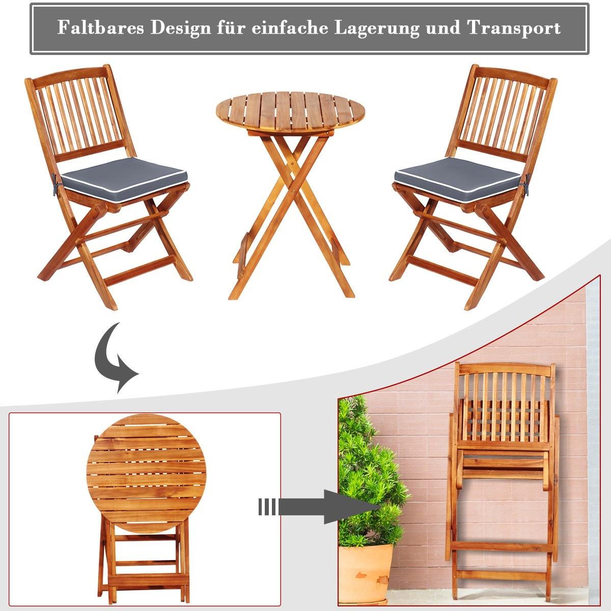 Northix Set di mobili da balcone da 3 pezzi con tavolo rotondo, 2 sedie e 2 cuscini. Set di sedute ergonomiche, grigio.  