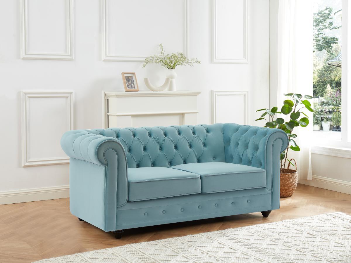 Vente-unique Canapé 2 places en velours bleu pastel CHESTERFIELD  