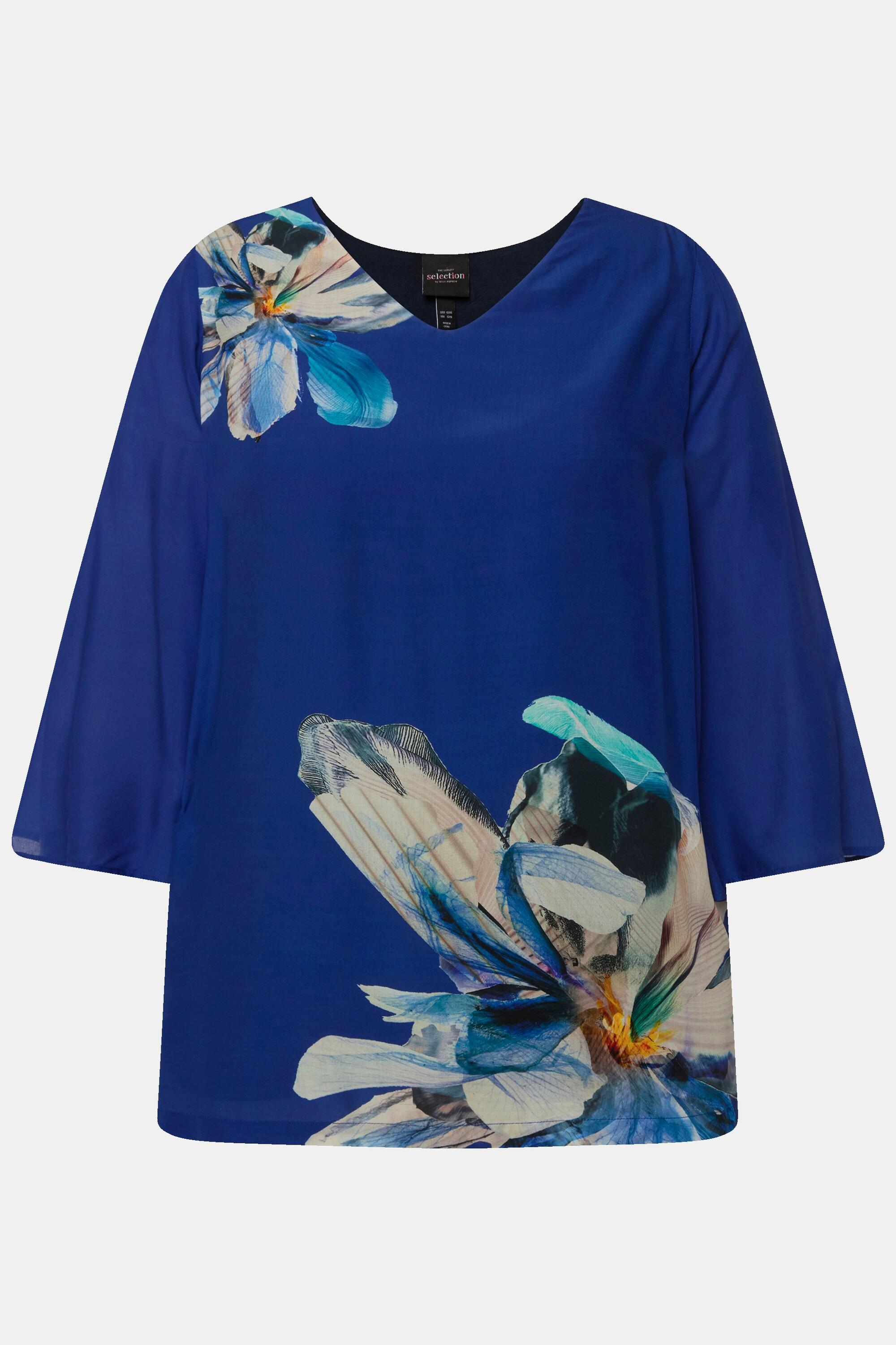 Ulla Popken  Blusa dal taglio oversize con fiori, scollo a V e maniche svasate a 3/4 