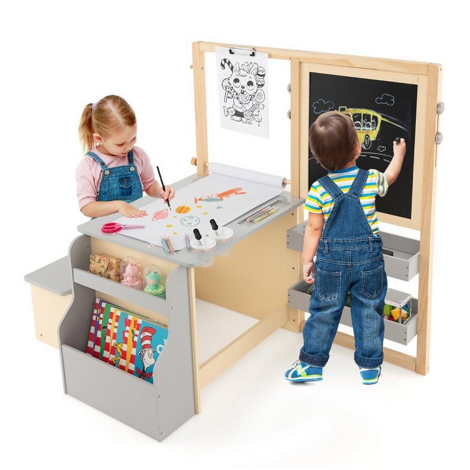 B2X  6 in 1 Kinder Staffelei Set mit Doppelseitiger Kreidetafel & Whiteboard & Papierrolle 