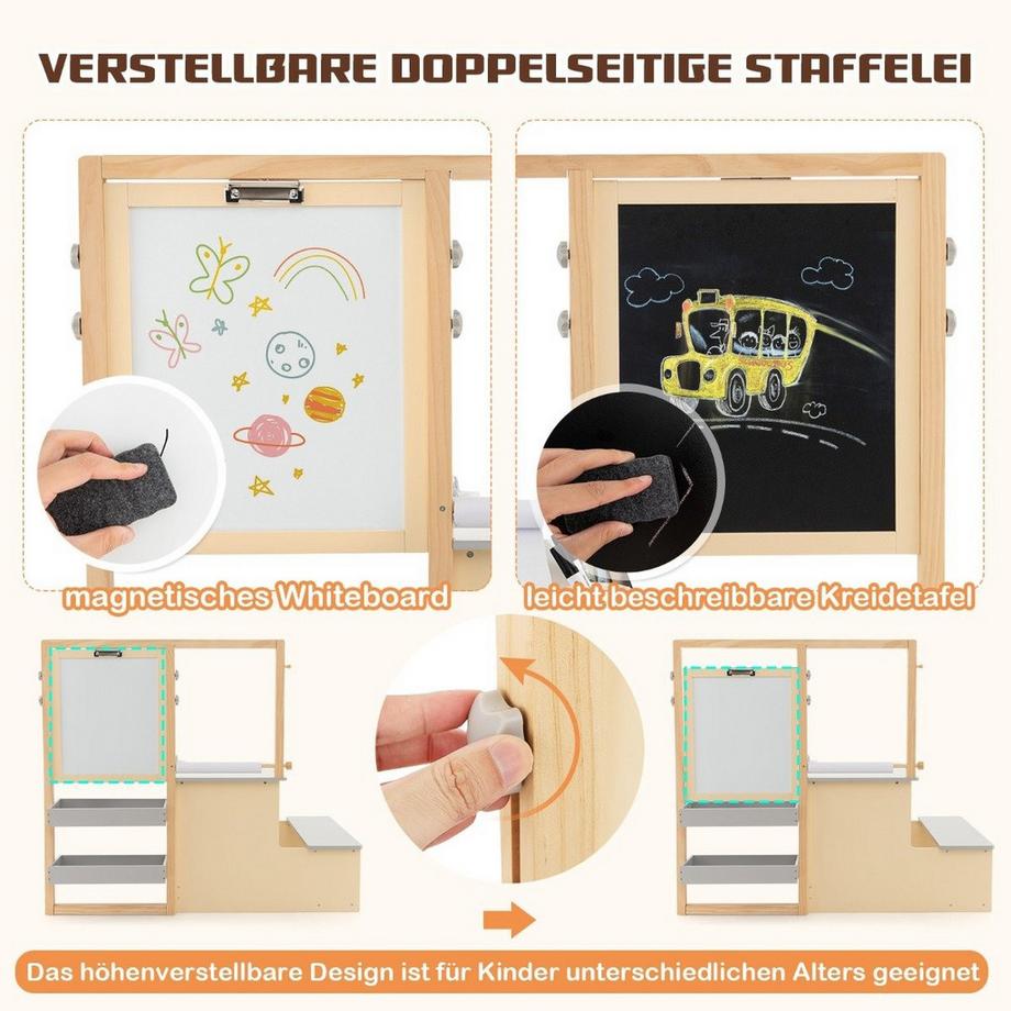 B2X  6 in 1 Kinder Staffelei Set mit Doppelseitiger Kreidetafel & Whiteboard & Papierrolle 