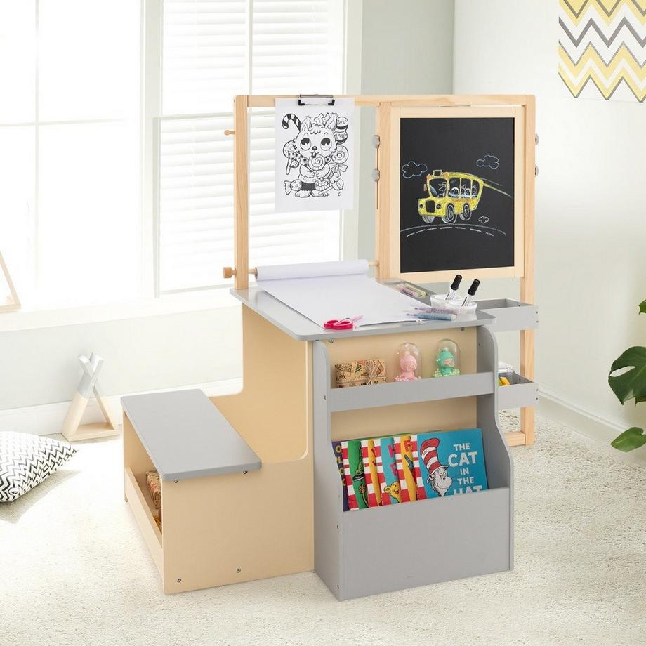 B2X  6 in 1 Kinder Staffelei Set mit Doppelseitiger Kreidetafel & Whiteboard & Papierrolle 
