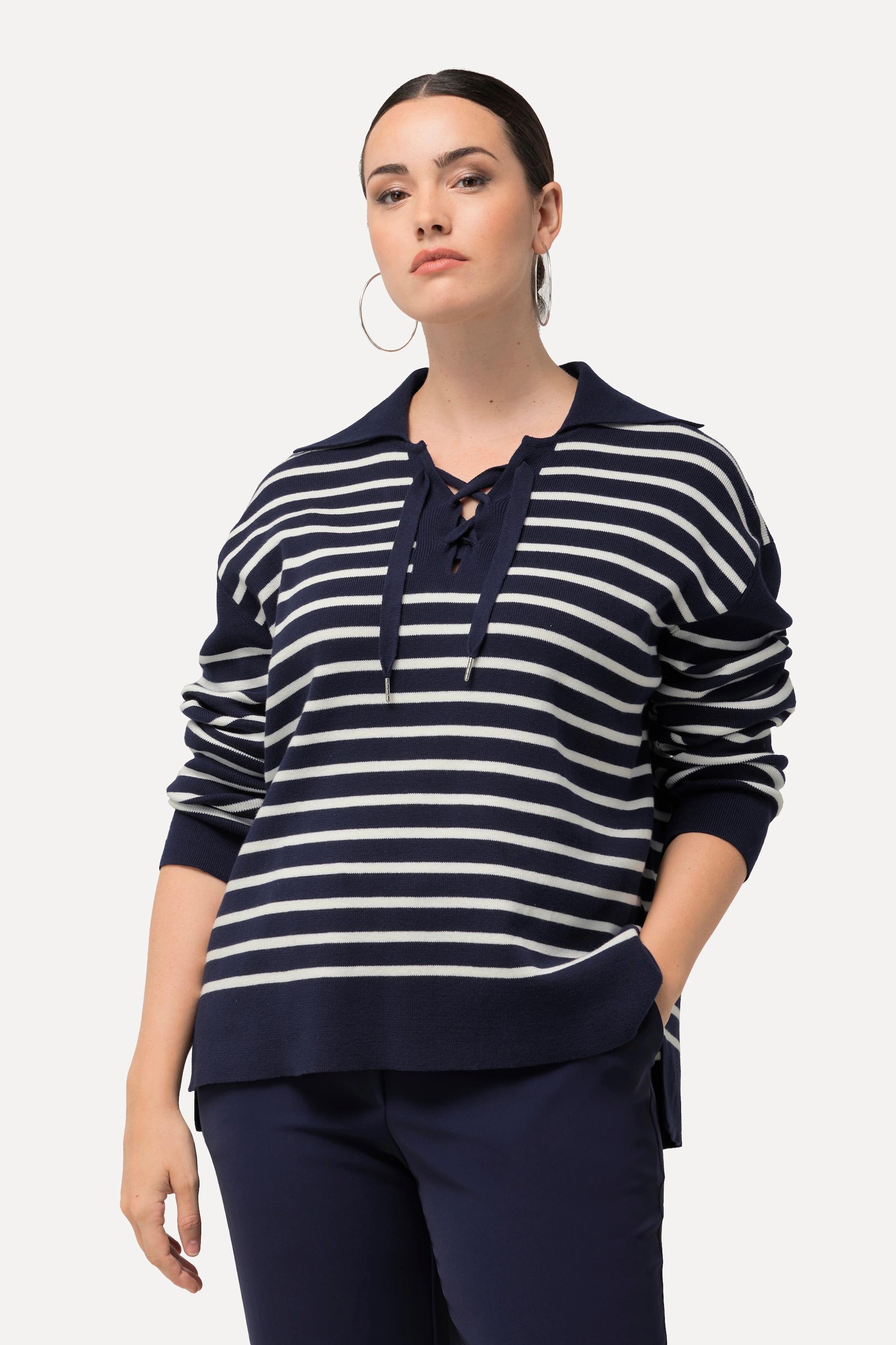 Ulla Popken  Pullover a righe con collo alla marinara, allacciatura e maniche lunghe 