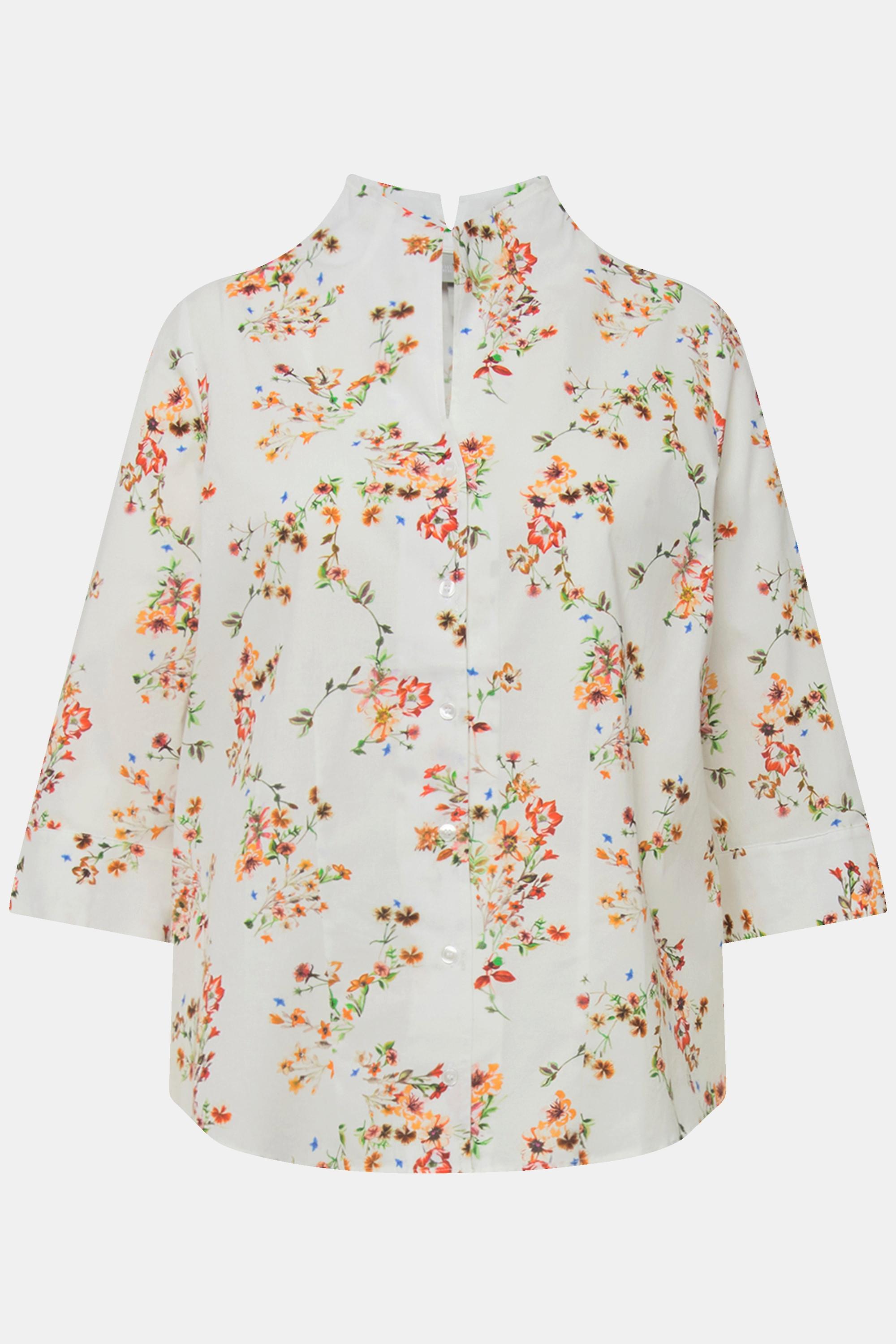 Ulla Popken  Blusa dal taglio squadrato con fiori, scollo montante e maniche a 3/4 