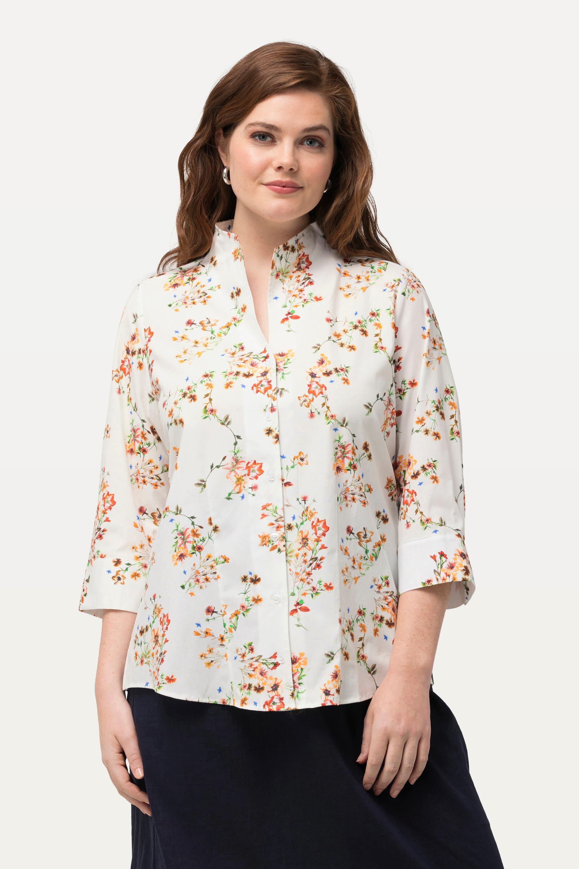 Ulla Popken  Blusa dal taglio squadrato con fiori, scollo montante e maniche a 3/4 