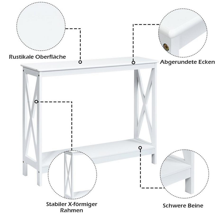 Northix  X-förmiger Schmaler Konsolentisch mit 2 Etagen 100 x 30 x 80 cm Weiß 