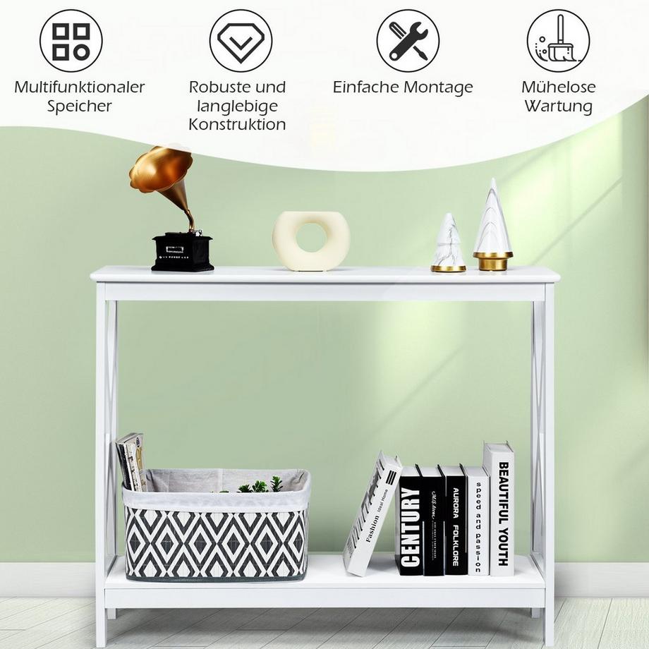 Northix  X-förmiger Schmaler Konsolentisch mit 2 Etagen 100 x 30 x 80 cm Weiß 