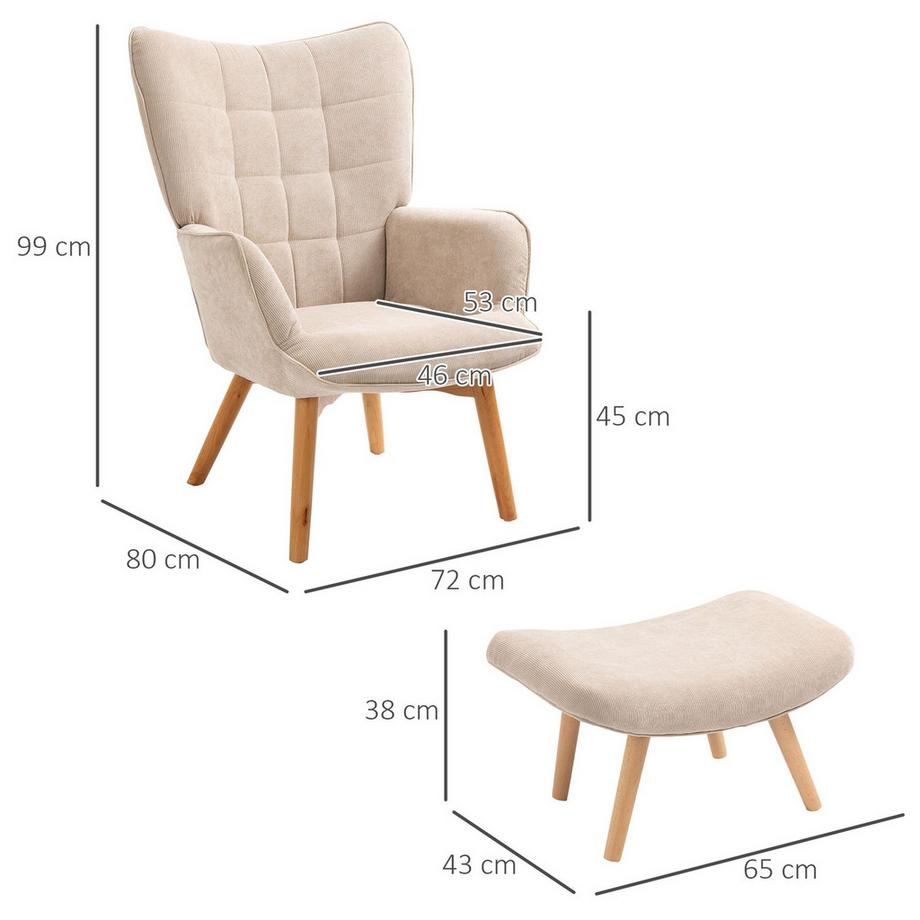 Northio Ohrensessel Mit Hocker, Relaxsessel, Polstersessel In Cord-Optik, Loungesessel, Armlehnstuhl Mit Holzbeine, Fernsehsessel Für Wohnzimmer, Beige  