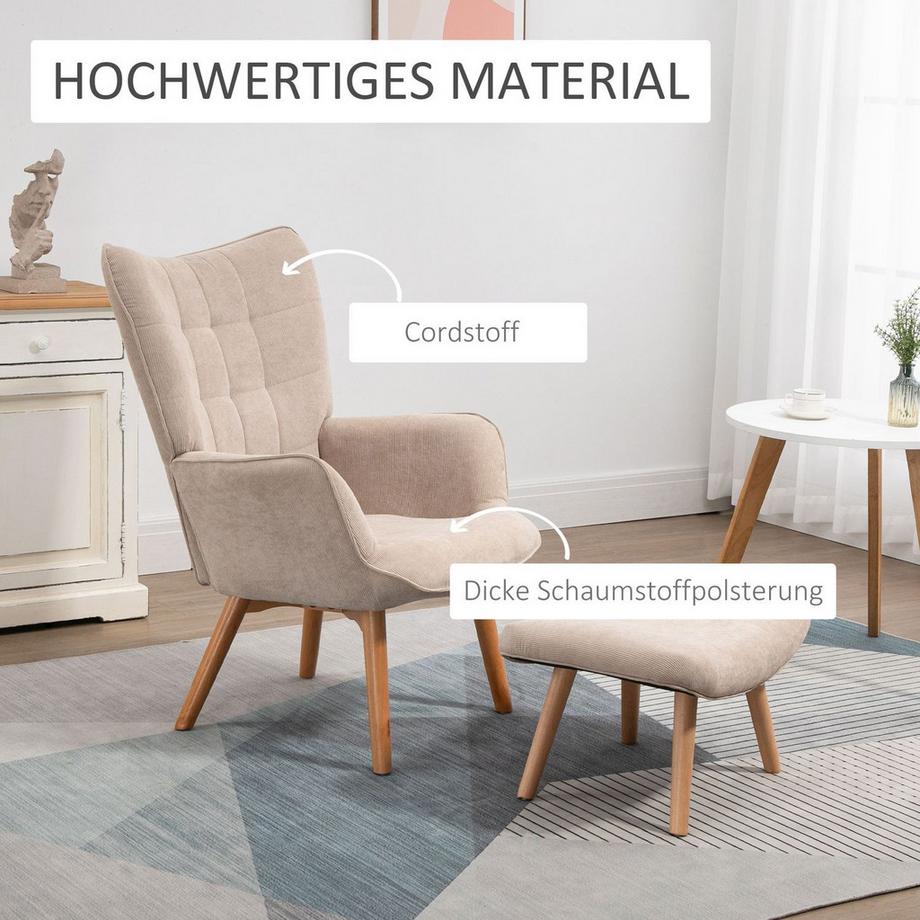 Northio Ohrensessel Mit Hocker, Relaxsessel, Polstersessel In Cord-Optik, Loungesessel, Armlehnstuhl Mit Holzbeine, Fernsehsessel Für Wohnzimmer, Beige  