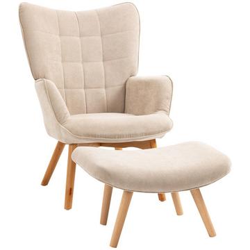 Ohrensessel Mit Hocker, Relaxsessel, Polstersessel In Cord-Optik, Loungesessel, Armlehnstuhl Mit Holzbeine, Fernsehsessel Für Wohnzimmer, Beige
