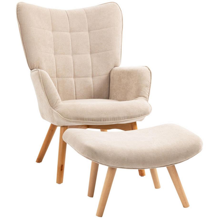 Northio Ohrensessel Mit Hocker, Relaxsessel, Polstersessel In Cord-Optik, Loungesessel, Armlehnstuhl Mit Holzbeine, Fernsehsessel Für Wohnzimmer, Beige  