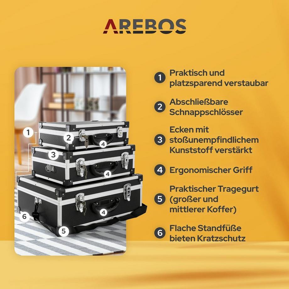 Arebos  3er Set Transportkoffer | 50 L Gesamtvolumen | Abschließbar | Tragegurt 