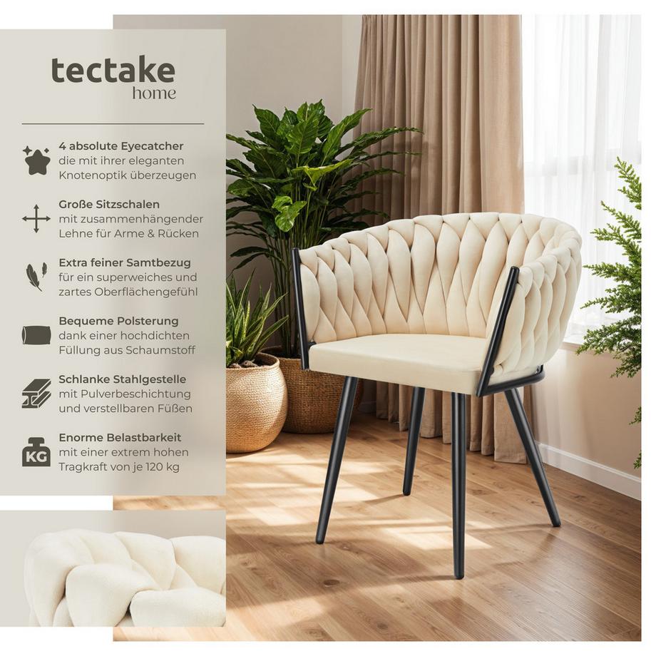 Tectake Set Esszimmerstuhl Astano gepolstert, mit Samtbezug, Knotendesign durchgehende Lehne  