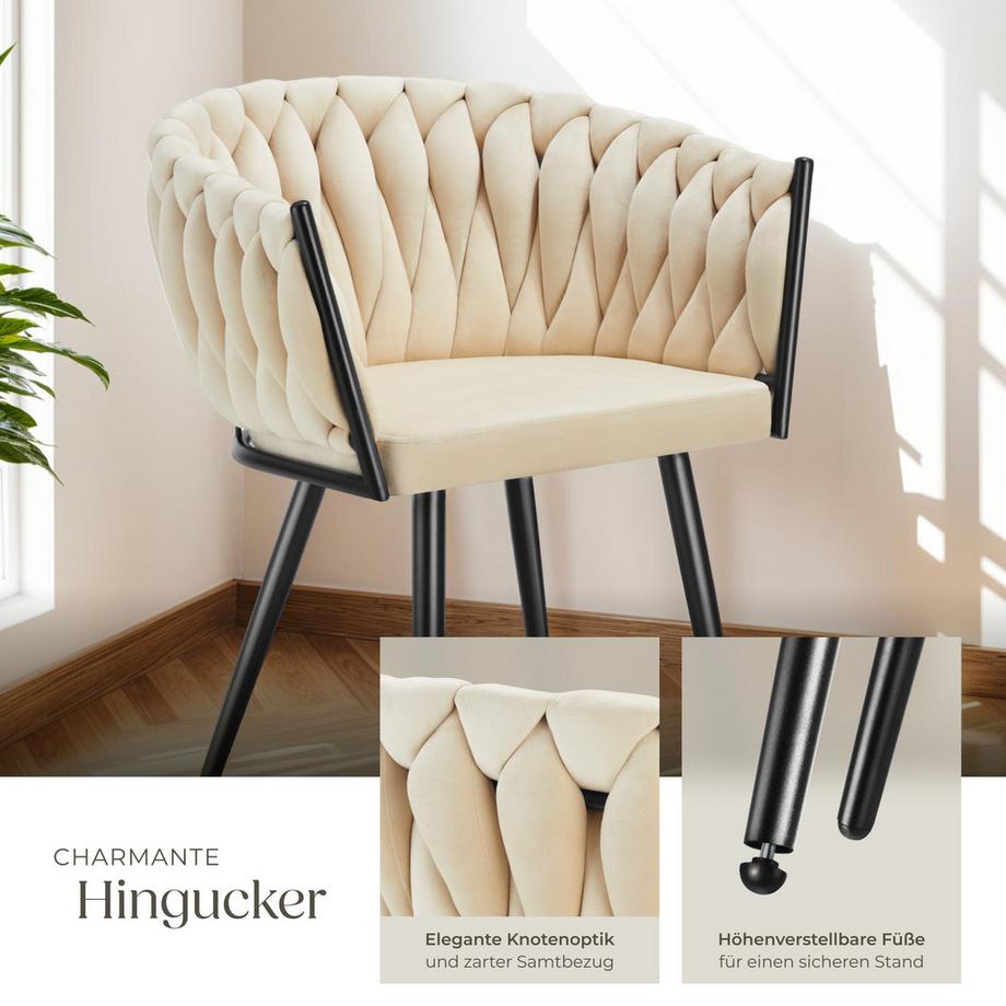 Tectake Set Esszimmerstuhl Astano gepolstert, mit Samtbezug, Knotendesign durchgehende Lehne  