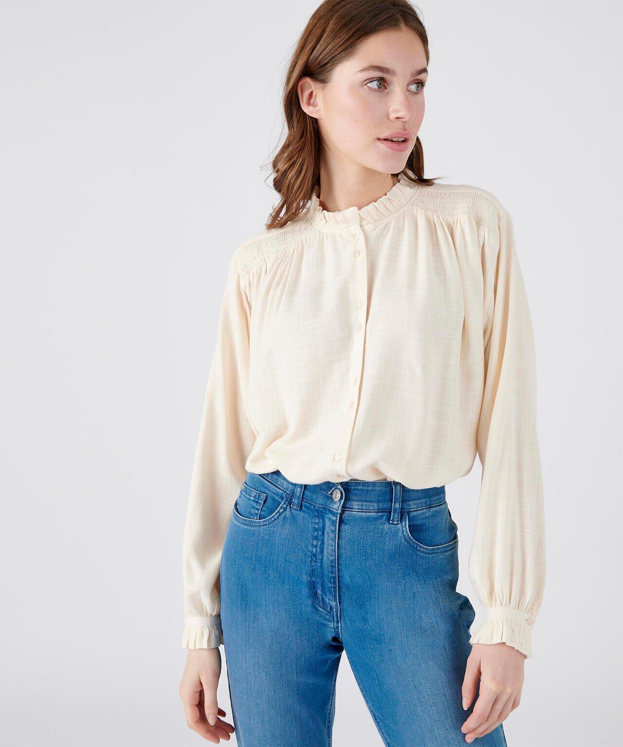 Image of Gesmokte Bluse Aus Reiner Viskose, Mit Offizierskragen Und Volants. Damen Braun 38