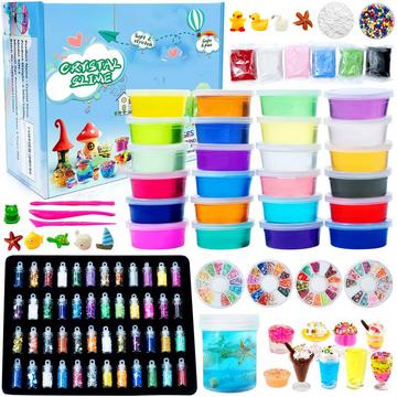 Slime Fluffy Kit - 24 Farben Slime-Kit Spielzeug mit 48 Glitter-Pulver, klare Slime-Zubehör für Kunst und Handwerk für Kinder