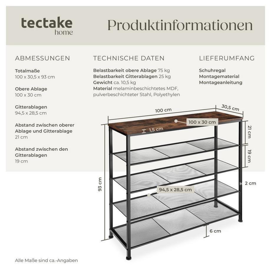 Tectake Schuhregal Sheffield Industrial Style Holz und Stahl  