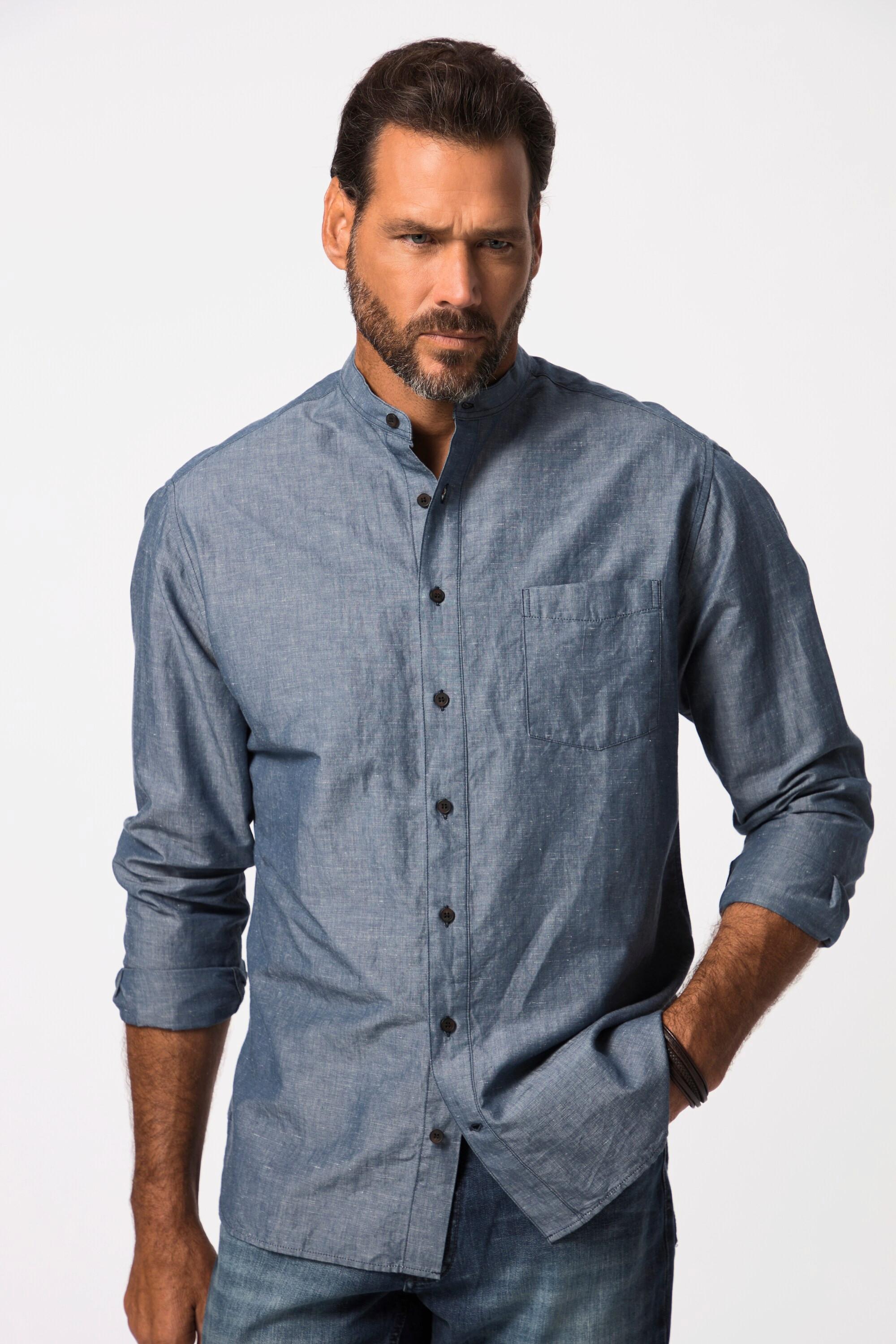 JP1880  Chemise aspect jean. Manches longues et col officier. Coupe Modern Fit bleu jean 