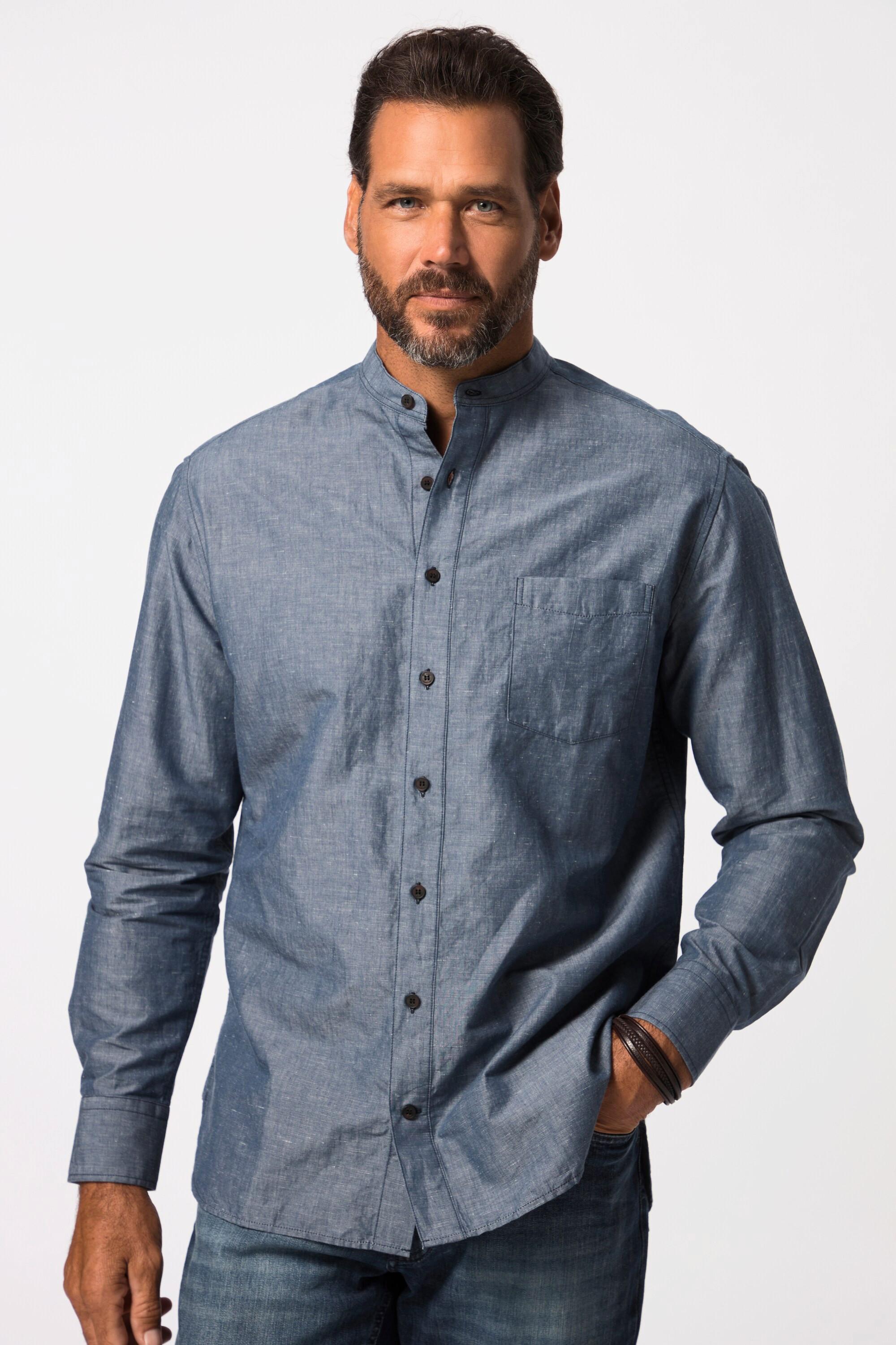 JP1880  Chemise aspect jean. Manches longues et col officier. Coupe Modern Fit bleu jean 