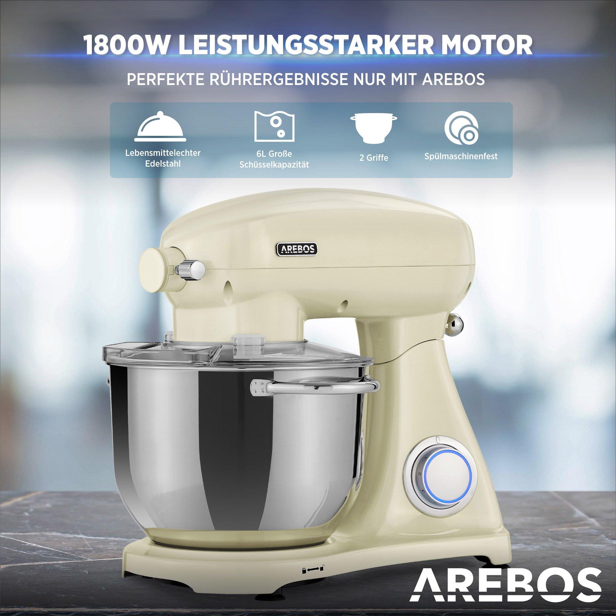 Arebos Küchenmaschine 1800W 6L Edelstahl-Rührschüssel Geräuscharm 6 Stufen  