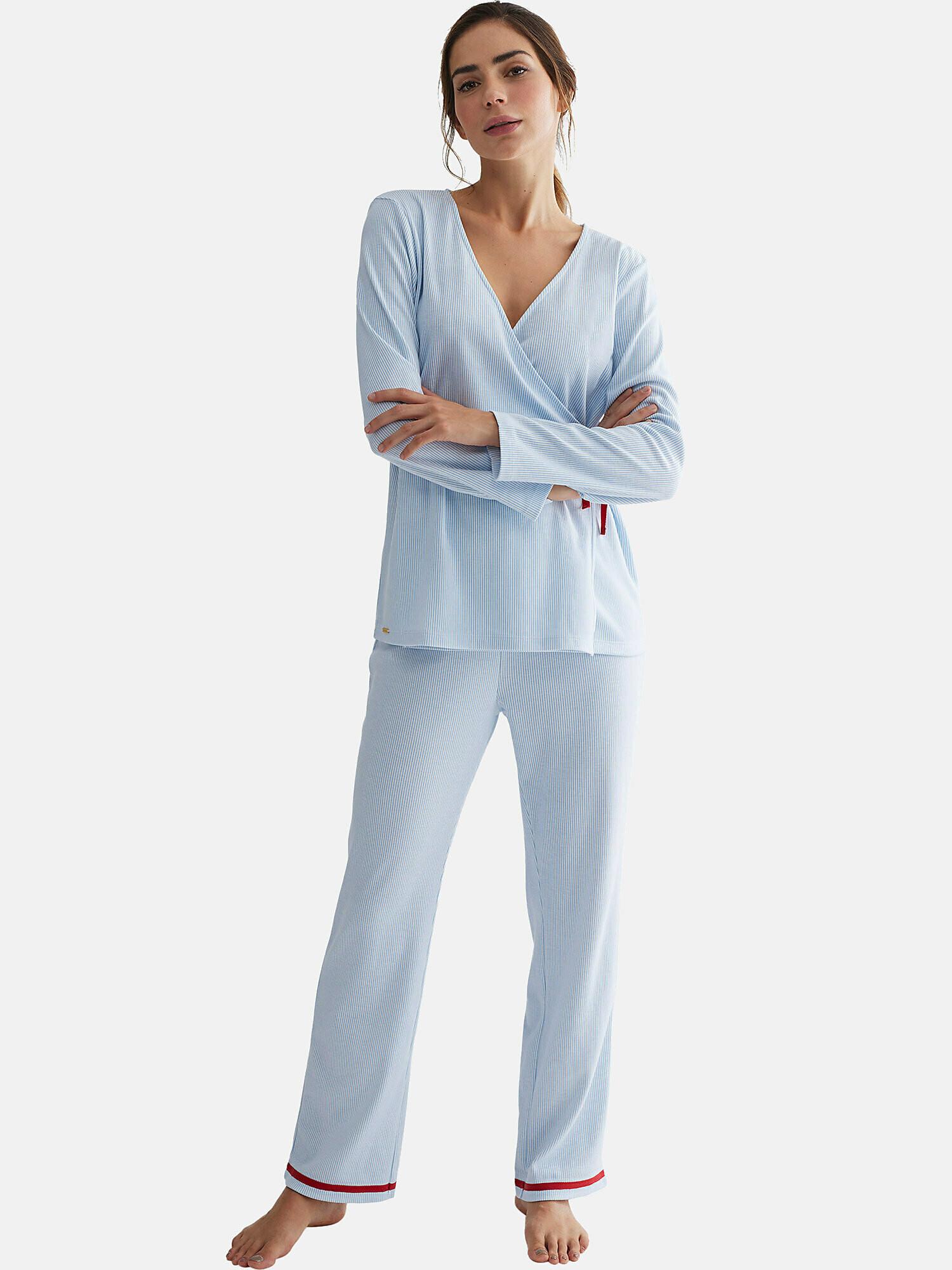 Image of Pyjama Hose Oberteil Cache-coeur Langarm Rayas Unisex Blau S