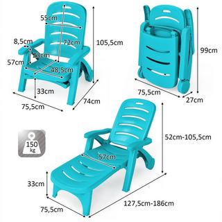 B2X Klappbarer Liegestuhl 5-fach verstellbare Gartenliege für den Außenbereich mit eingebauten Rädern Türkis  