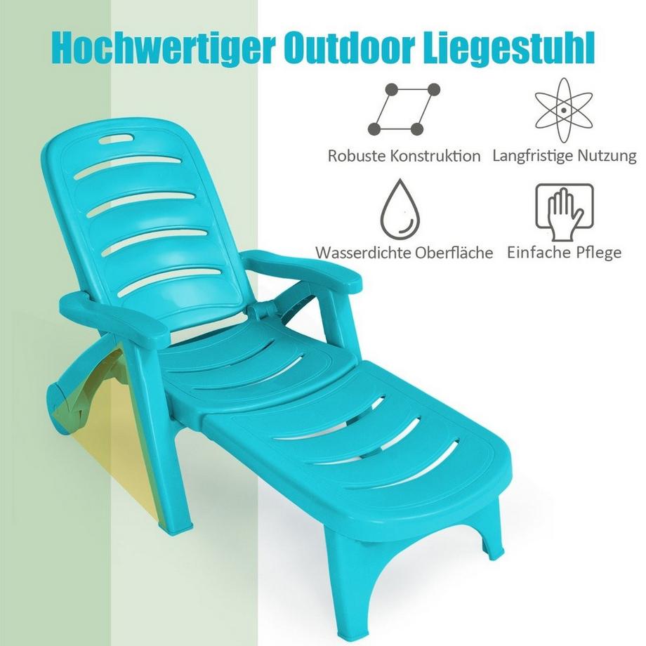 B2X Klappbarer Liegestuhl 5-fach verstellbare Gartenliege für den Außenbereich mit eingebauten Rädern Türkis  