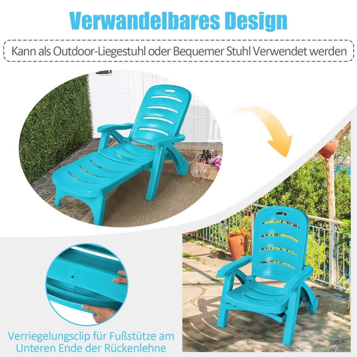 B2X Klappbarer Liegestuhl 5-fach verstellbare Gartenliege für den Außenbereich mit eingebauten Rädern Türkis  