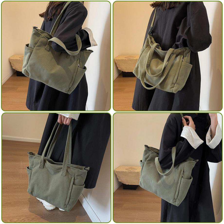 Only-bags.store Corduroy Einkaufstasche mit verstellbarem Schultergurt und vorderer Tasche  