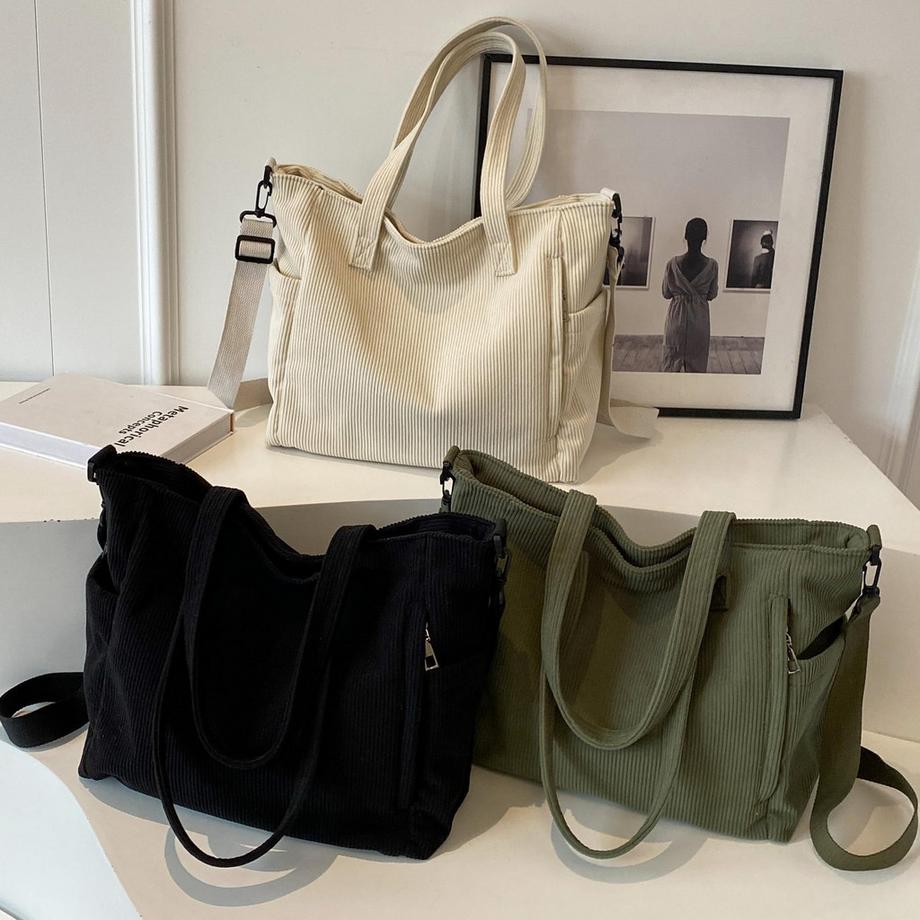 Only-bags.store Corduroy Einkaufstasche mit verstellbarem Schultergurt und vorderer Tasche  