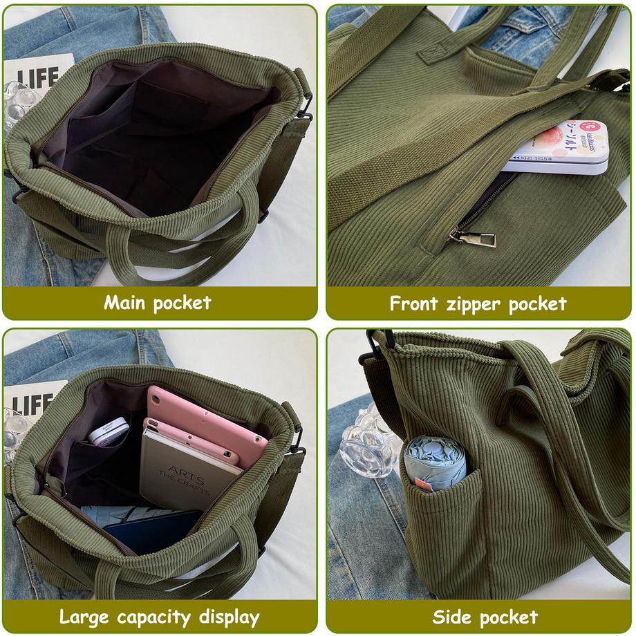 Only-bags.store Corduroy Einkaufstasche mit verstellbarem Schultergurt und vorderer Tasche  