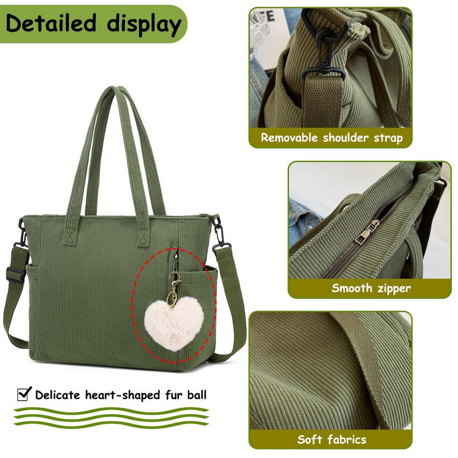 Only-bags.store Corduroy Einkaufstasche mit verstellbarem Schultergurt und vorderer Tasche  