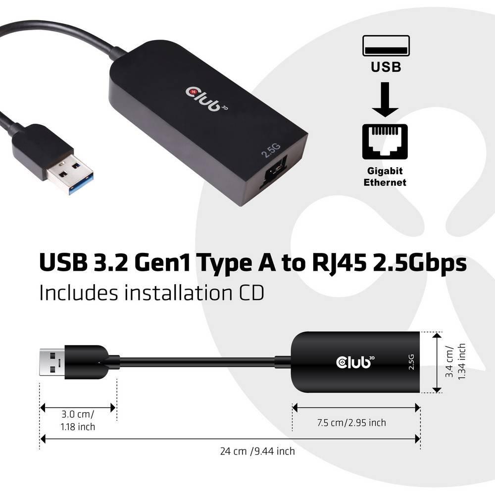 Club3D  Adaptateur réseau USB 3.2 Gen1 type A sur RJ45 2.5 Gbps 