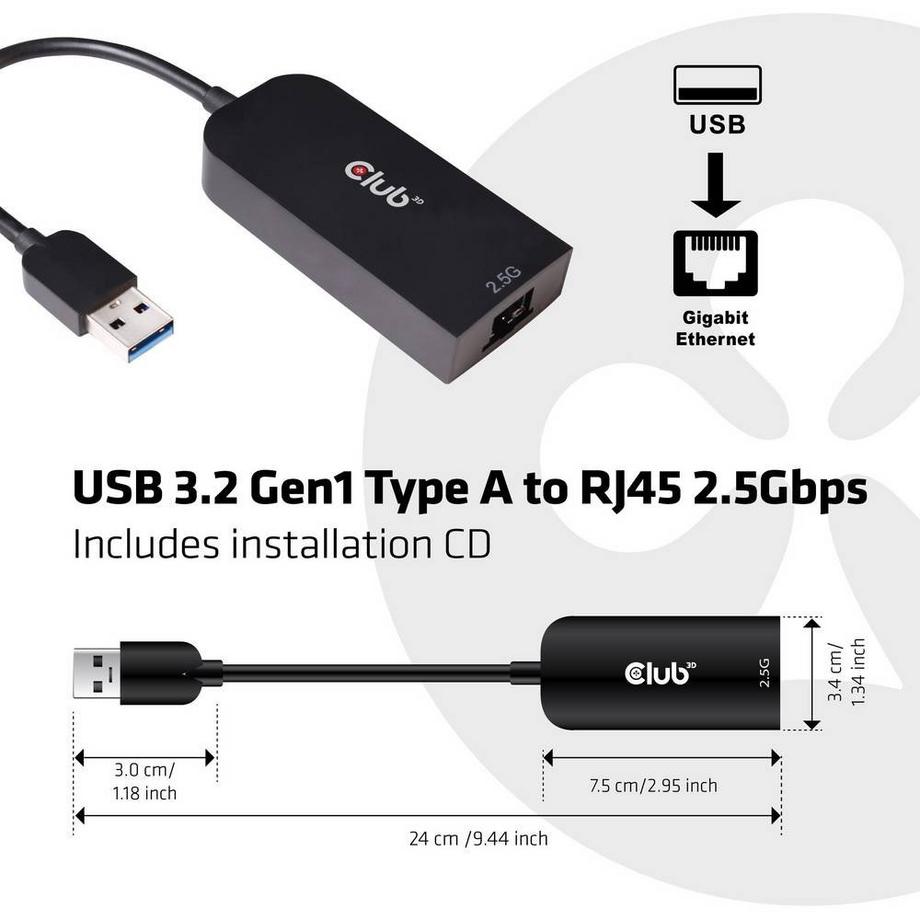 Club3D  Club3D USB 3.2 Gen1 Type A auf RJ45 2.5Gbps Netzwerk-Adapter 