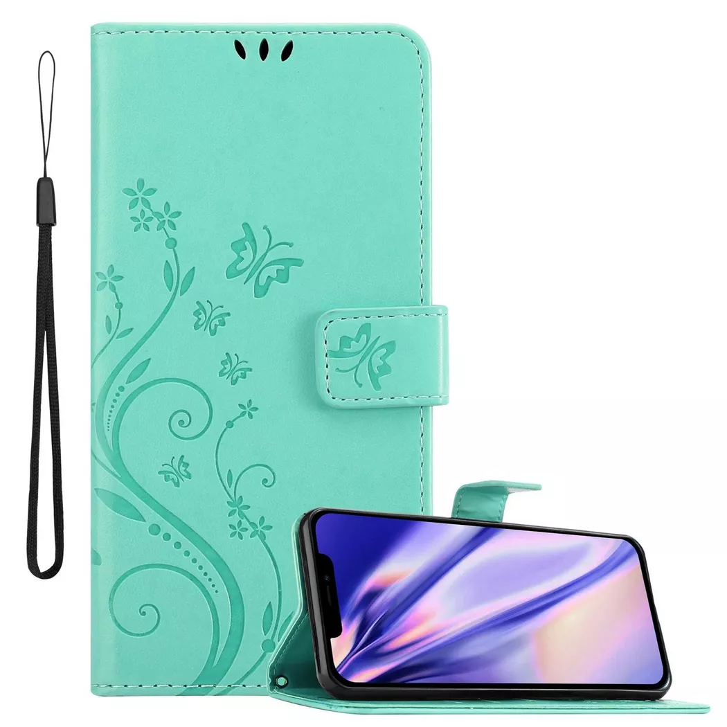 Cadorabo - Hülle für Apple iPhone 12  12 PRO Blumen Design Magnetverschluss, Türkisblau