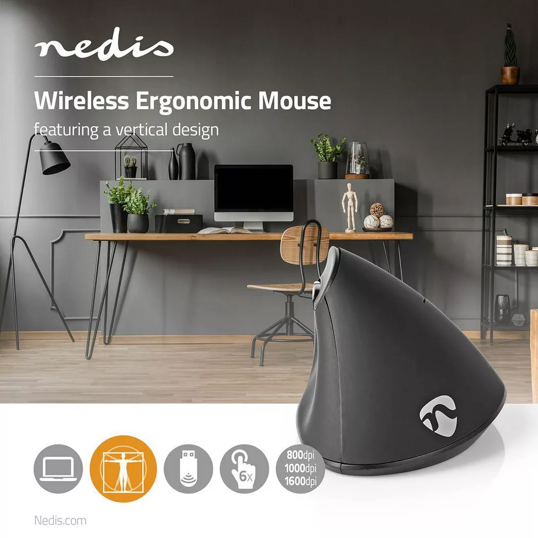 Nedis - Maus | Kabellos | 800 / 1000 / 1600 dpi | Einstellbare DPI | Anzahl der Tasten: 6 | Rechtshänder, Schwarz
