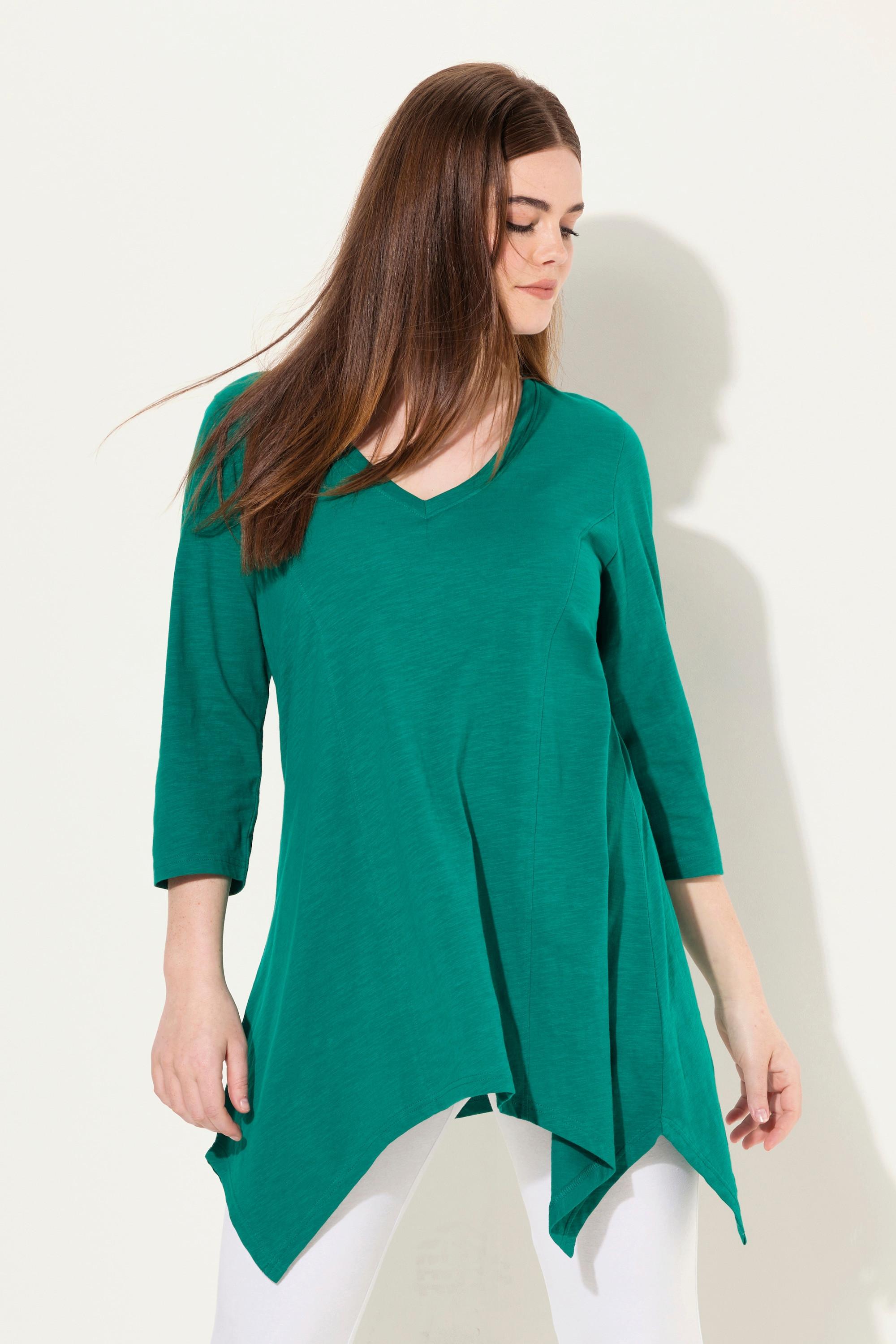 Ulla Popken  Shirt, Zipfelsaum, V-Ausschnitt, 3/4-Arm, Biobaumwolle 