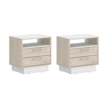 Lot de 2 tables de chevet 2 tiroirs et 1 niche - Coloris : Naturel et blanc - LEANDRE