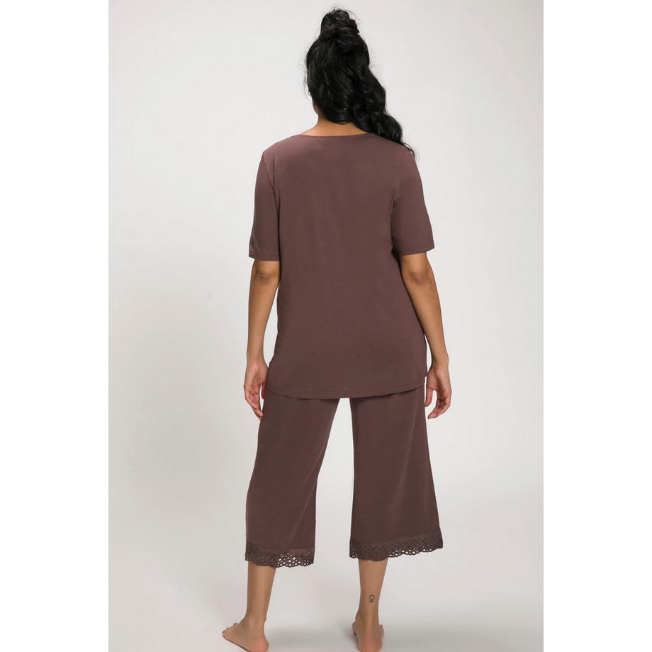 Ulla Popken Pigiama Ricamo Traforato Scollo a V Mezza Manica Misto Modal  