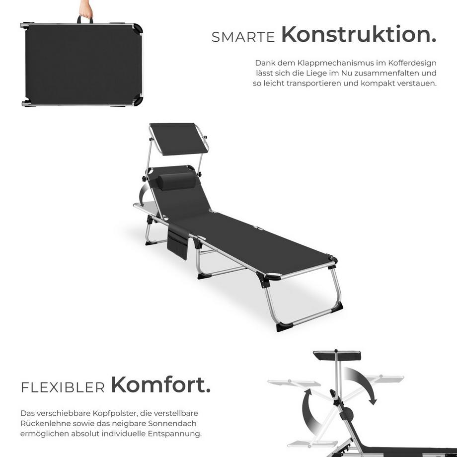 Tectake Sonnenliege Aurelie klappbar, mit Kopfkissen mit Aluminiumgestell, stufenlos verstellbares Sonnendach  