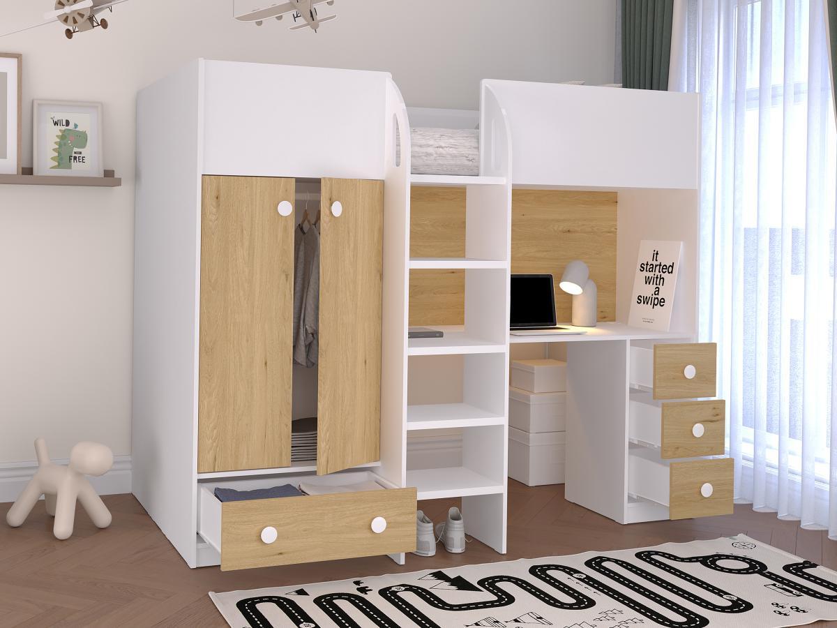 Vente-unique Lit mezzanine 90 x 190 cm avec armoire et bureau - Blanc et naturel + Matelas - CINAMO  