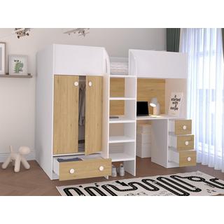 Vente-unique Lit mezzanine 90 x 190 cm avec armoire et bureau - Blanc et naturel + Matelas - CINAMO  