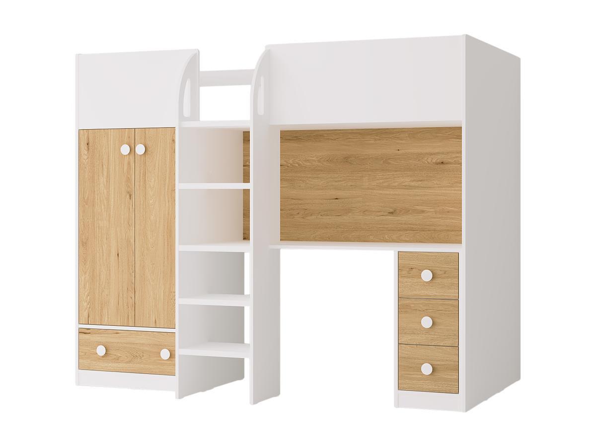 Vente-unique Lit mezzanine 90 x 190 cm avec armoire et bureau - Blanc et naturel + Matelas - CINAMO  