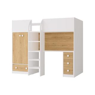 Vente-unique Lit mezzanine 90 x 190 cm avec armoire et bureau - Blanc et naturel + Matelas - CINAMO  