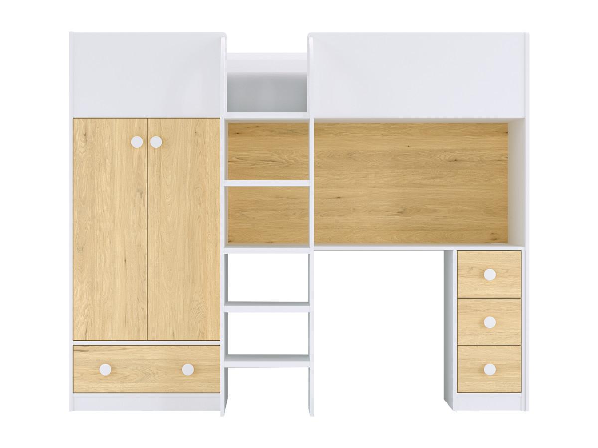 Vente-unique Lit mezzanine 90 x 190 cm avec armoire et bureau - Blanc et naturel + Matelas - CINAMO  