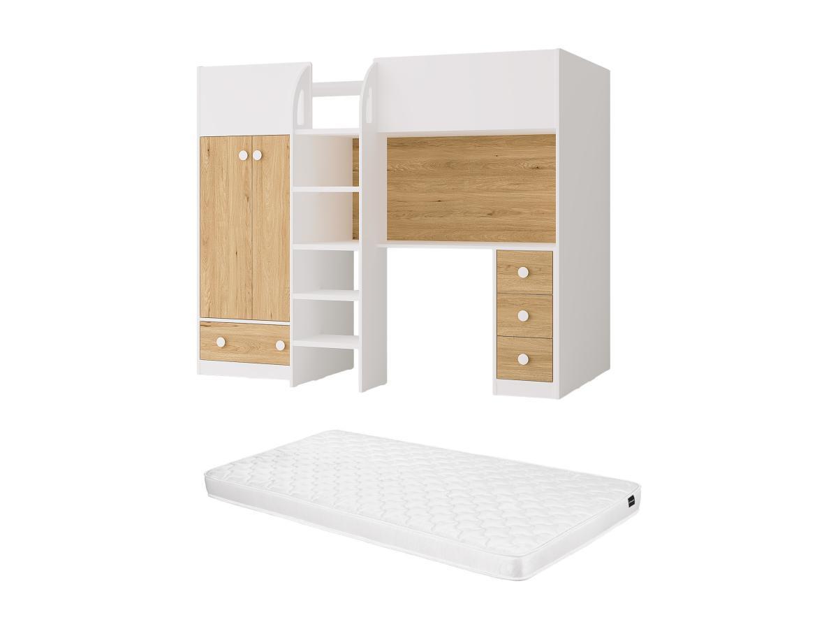 Vente-unique Lit mezzanine 90 x 190 cm avec armoire et bureau - Blanc et naturel + Matelas - CINAMO  