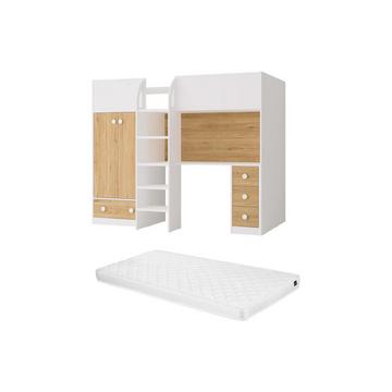 Letto a soppalco 90 x 190 cm con armadio e scrivania Bianco e Naturale + Materasso - CINAMO
