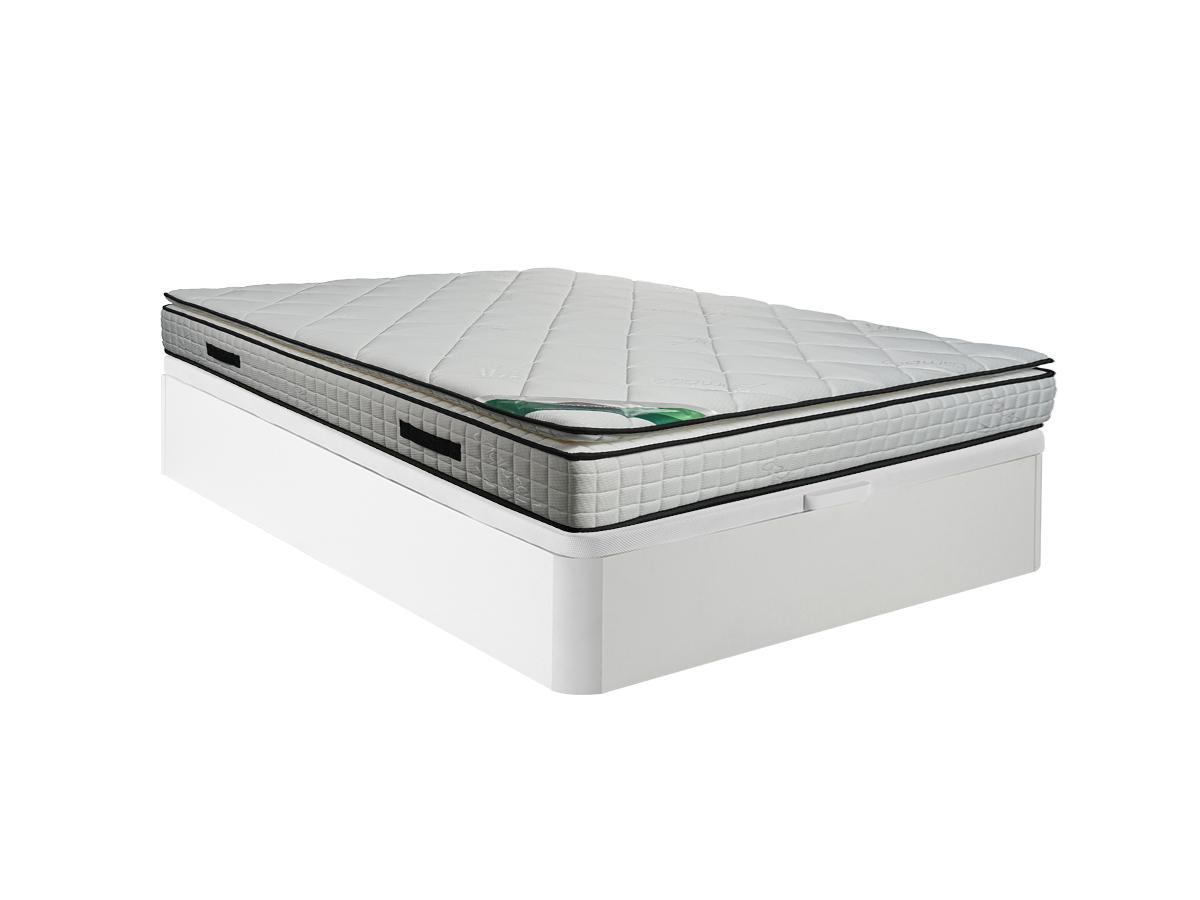 Image of Set aus Bettgestell mit Bettkasten + Schaumstoffmatratze - Bambusbezug - 140 x 190 cm - Stärke 23 cm - Weiß - ADANA von NATUREA Set aus Bettgestell mit Bettkasten + Schaumstoffmatratze - Bambusbezug - 140 x 190 cm - Stärke 23 cm - Weiß - ADANA von NATUREA